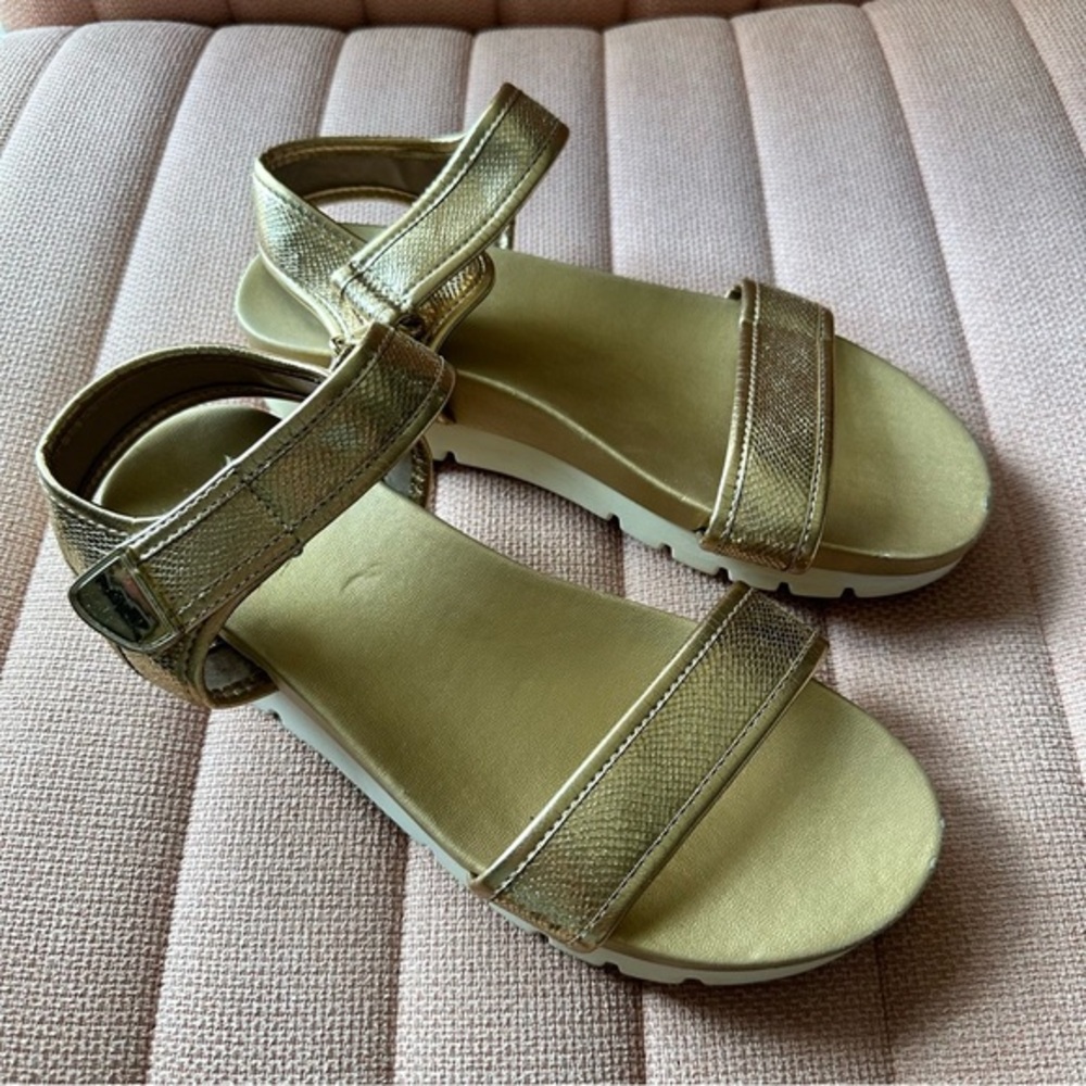 ALDO Gold Platform Snakeskin Ankle Strap Slides | Size 8